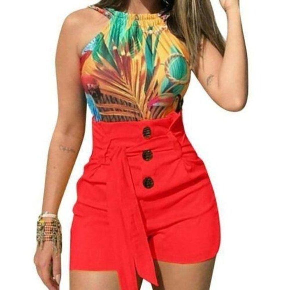 Snapped Styles High Waist Slim Belted Shorts Red